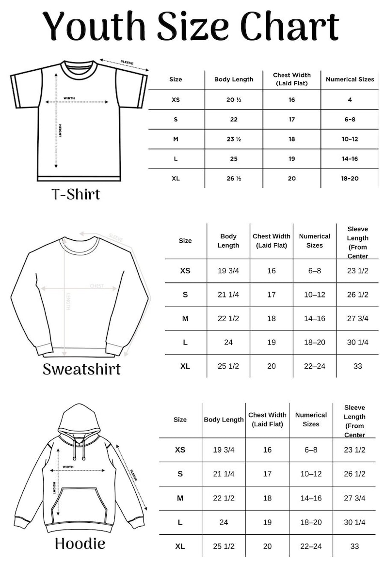 May include: A youth size chart detailing measurements for t-shirts, sweatshirts, and hoodies. The chart provides body length, chest width, and numerical sizes for XS to XL sizes. Measurements are in inches.