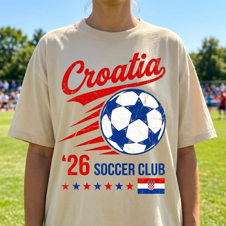 Op de afbeelding: Een beige t-shirt met korte mouwen en een rode, verweerde afbeelding met de tekst Croatia boven een blauw-witte voetbal. Onder de bal staat de tekst '26 SOCCER CLUB in het blauw, vergezeld door een rij rode en blauwe sterren en de Kroatische vlag.