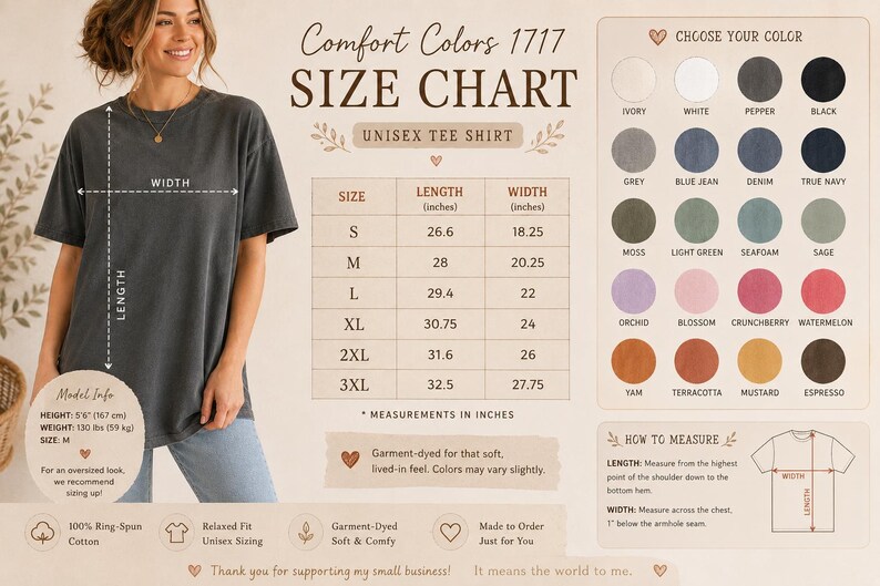 K&ouml;nnte beinhalten: Eine Comfort Colors 1717 Unisex-T-Shirt-Gr&ouml;&szlig;entabelle mit einer &Uuml;bersicht der verf&uuml;gbaren Farben, einer Tabelle mit L&auml;ngen- und Breitenma&szlig;en in Zoll f&uuml;r die Gr&ouml;&szlig;en S bis 3XL sowie einer Anleitung zur Messung der L&auml;nge und Breite des Kleidungsst&uuml;cks.