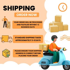 May include: An image with the word "SHIPPING" in large black letters. The image includes a delivery truck, a scooter, and a person carrying packages. Text includes "ORDER NOW" and "YOUR ORDER WILL BE PROCESSED AND FULFILLED WITHIN 1-2 BUSINESS DAYS."
