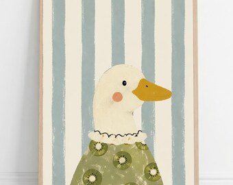 Whimsical Duck Nursery Print | Cute Kiwi Fruit Dress Gift | Vintage Cottagecore Duckling Art | Pastel Striped Baby Room Decor | Poster Print