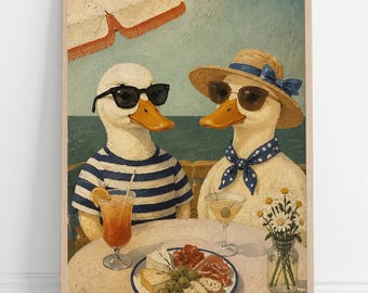 European Summer Ducks Print | Vintage Impasto Beach Gift | Vintage Wall Art | Retro Italy Vacation Dining Room Decor | Poster Print