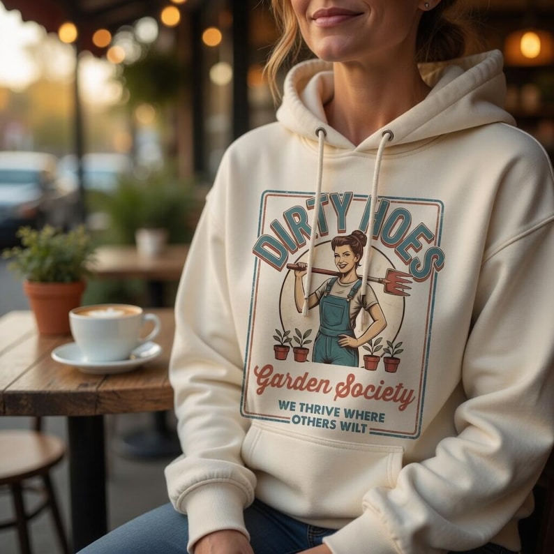 May include: Cream-coloured hoodie featuring the text "DIRTY HOES" above an illustration of a woman with a gardening tool. The graphic also includes "Garden Society" and "WE THRIVE WHERE OTHERS WILT".