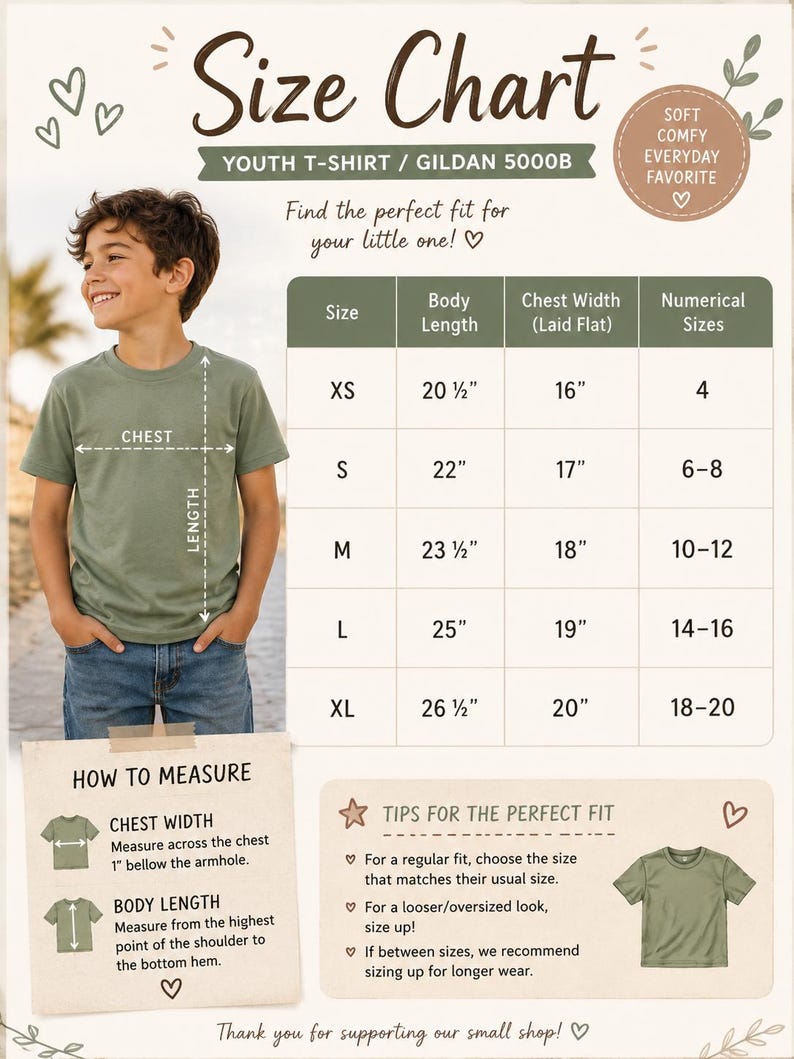 K&ouml;nnte beinhalten: Eine Gr&ouml;&szlig;entabelle f&uuml;r ein Gildan 5000B Jugend-T-Shirt. Die Tabelle zeigt die K&ouml;rperl&auml;nge und Brustbreite in Zoll f&uuml;r die Gr&ouml;&szlig;en XS bis XL, von 20,5 bis 26,5 Zoll L&auml;nge und 16 bis 20 Zoll Breite, zusammen mit den entsprechenden numerischen Gr&ouml;&szlig;en.