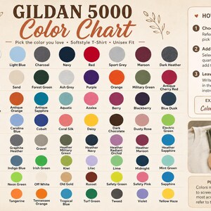 May include: A Gildan 5000 color chart for unisex softstyle t-shirts, displaying a grid of numerous circular color swatches with corresponding names. The chart includes instructions on how to order, an example note, and a small photo of folded fabric.
