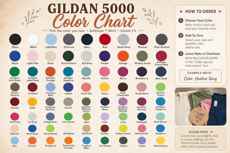May include: A Gildan 5000 color chart for unisex softstyle t-shirts, displaying a grid of numerous circular color swatches with corresponding names. The chart includes instructions on how to order, an example note, and a small photo of folded fabric.