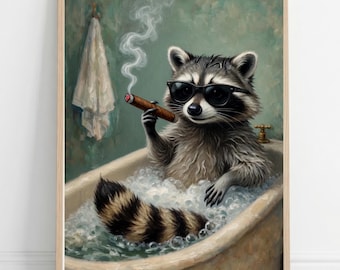 Raccoon in Bathtub Print, Funny Bathroom Wall Art Gift, Vintage Raccoon Smoking Cigar Art, Cool Trash Panda Washroom Decor, Canvas Poster