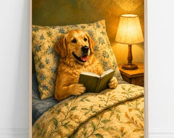 Reading Golden Retriever Print | Funny Book Lover Gift | Vintage Dog Reading Book Art | Cozy Bedroom Library Decor | Canvas Poster Print