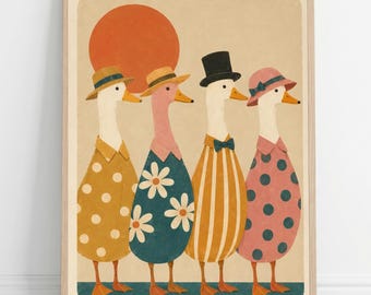 Mid Century Modern Goose Print | Vintage Geese Illustration Gift | Trendy wall art | Cute Duck Nursery Wall Decor | Canvas Poster Print.