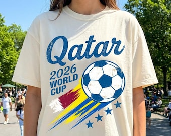 Vintage Qatar Football Shirt, 2026 Soccer Graphic Tee, Men Women Soccer Gift, Gildan & Comfort Colors Tee, Aesthetic Minimalist Sports Gear