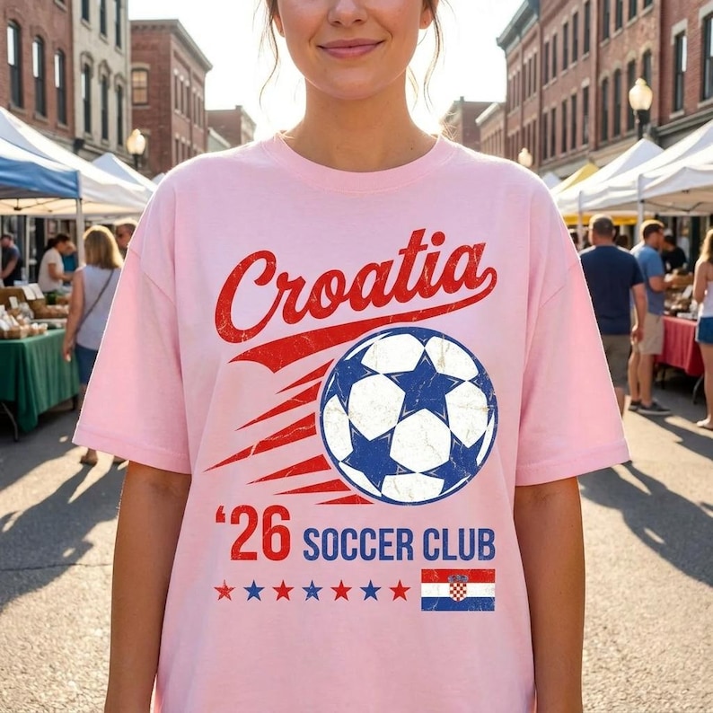 Op de afbeelding: Een lichtroze t-shirt met de rode tekst Croatia boven een afbeelding van een voetbal met blauwe sterpatronen. Daaronder staat de tekst '26 SOCCER CLUB in het blauw, gevolgd door een rij rode en blauwe sterren en een kleine Kroatische vlag.