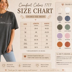 Op de afbeelding: Een Comfort Colors 1717 unisex t-shirt maattabel met een overzicht van beschikbare kleuren, een tabel met lengte- en breedtematen in inches voor de maten S tot 3XL, en een diagram dat toont hoe de lengte en breedte van het kledingstuk te meten.