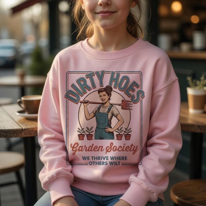 May include: Pale pink sweatshirt with the words "DIRTY HOES" in a retro design. The graphic shows a woman with a gardening tool, with "Garden Society" and "WE THRIVE WHERE OTHERS WILT" underneath. The sweatshirt is a light pink colour.