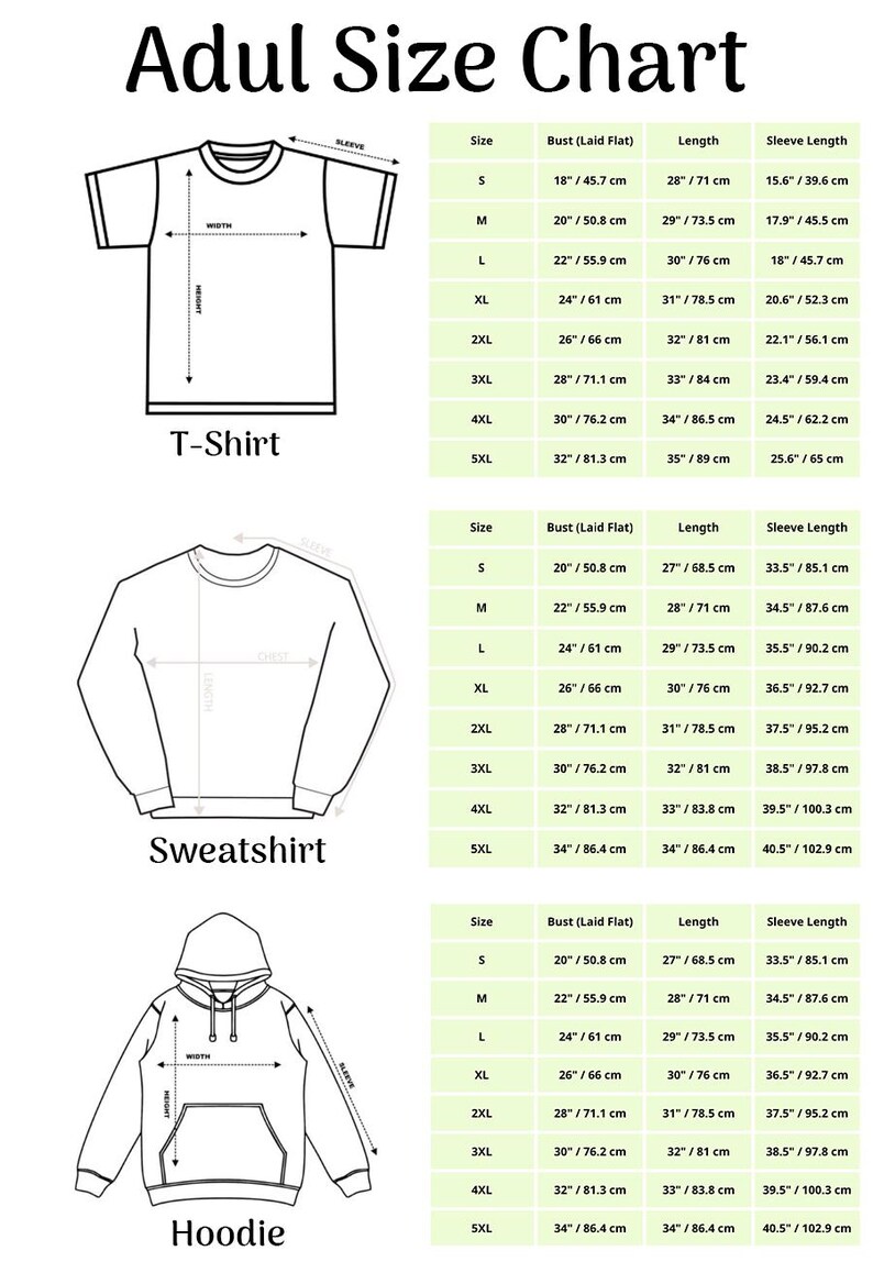 May include: A size chart for adult t-shirts, sweatshirts, and hoodies. The chart provides measurements for bust, length, and sleeve length in centimetres for sizes S to 5XL. The text "Adul Size Chart" is at the top of the image.