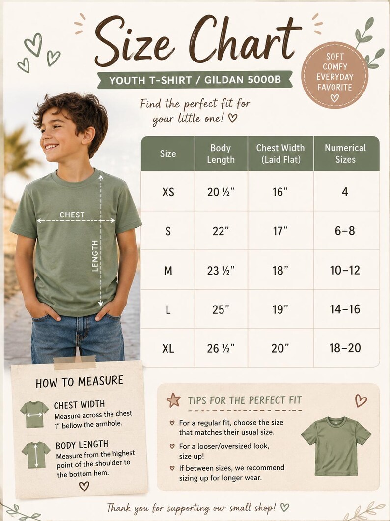 Op de afbeelding: Een maattabel voor een Gildan 5000B jeugd-T-shirt. De tabel toont de lichaamslengte en borstbreedte in inches voor de maten XS tot en met XL, vari&euml;rend van 20,5 tot 26,5 inch in lengte en 16 tot 20 inch in breedte, naast numerieke maten.