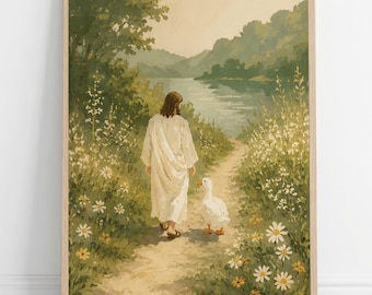 Walking with Jesus Print | Whimsical Cute Duck Gift | Vintage Christian Home Prayer Room Decor | Canvas Poster Print