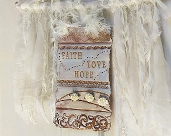 Faith Hope Love Shabby Chic French Wall Hanging, 19.00" X 17.50" Farmhouse Wedding Decor, Paris Appartment Home Decor By Artsit Rivka.
