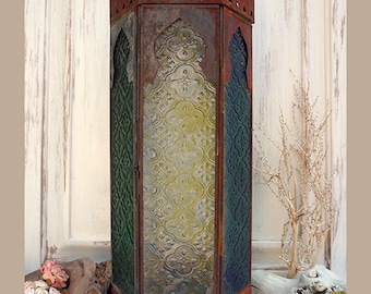 Vintage Arched Lantern Wall Hanging, Tall Metal Glass Porch Lantern, Shabby Chic Lantern W/ Textured colored Glass, Rustic Home Decor.