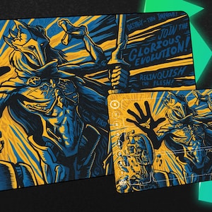 May include: Gaming mouse pads with a striking design in yellow and blue. The artwork features a futuristic warrior with a crown, a skeletal figure, and the text "RECRUIT" and "JOIN THE GLORIOUS EVOLUTION!"