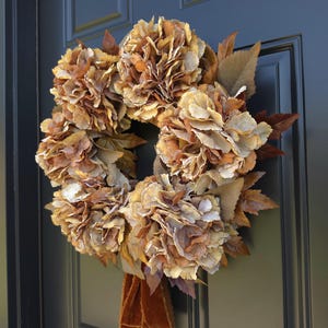 Dried Look Hydrangea Wreath With Copper Velvet Ribbon, Neutral Autumn Front Door Wreath, Rustic Fall Wall Decor, Thanksgiving Door Hanger