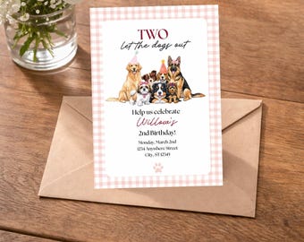 May include: A birthday invitation with a pink gingham border and the text "TWO Let the dogs out." The invitation features illustrations of various dog breeds. The text reads "Help us celebrate Willow's 2nd Birthday!" with date and address details.
