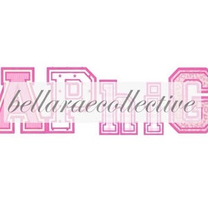 May include: A graphic design featuring the letters A, P, H, and G in a pink varsity-style font with various patterns including stripes, stars, and leopard print. The text bellaraecollective is written in a grey cursive font across the center.