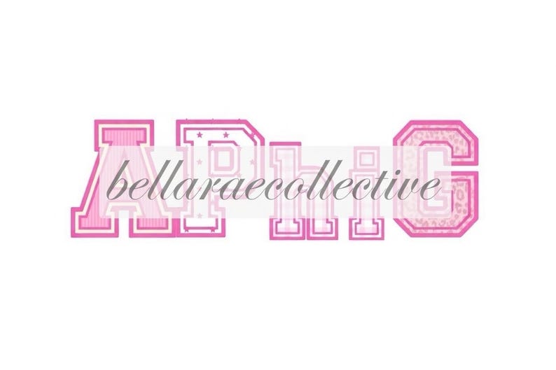 May include: A graphic design featuring the letters A, P, H, and G in a pink varsity-style font with various patterns including stripes, stars, and leopard print. The text bellaraecollective is written in a grey cursive font across the center.