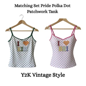 May include: Two Y2K vintage-style tank tops with polka dots. One is white with green dots and trim, the other is white with pink dots and trim. Each has a heart and text that reads "I KIM" and "I BRI".