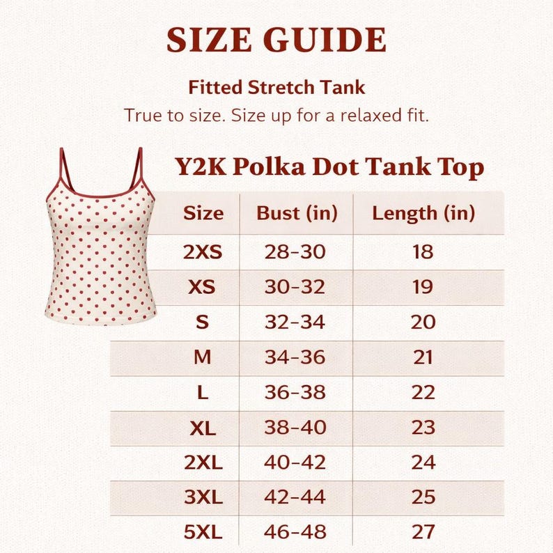 May include: A size guide chart for a Y2K Polka Dot Tank Top. The image displays a white tank top with red polka dots and red trim. The table lists sizes from 2XS to 5XL with corresponding bust and length measurements in inches, noting a fitted stretch.