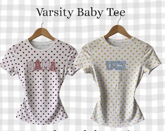 Custom Y2K Polka Dot Baby Tee | College Shirt Personalized with School Name | Game Day Outfit | Sorority Gift | Trendy Fitted Crop Tee