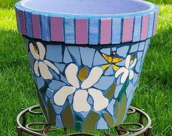 Mosaic Flower Pot Purple w/ Iris & Sunflowers