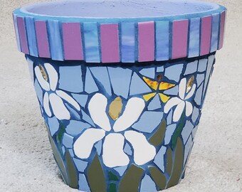 Mosaic Flower Pot Purple w/ Iris & Sunflowers