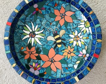 Mosaic Birdbath with Bees: Garden Art Sculpture, Custom Order