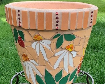 Mosaic Flower Pot Orange White Iris Floral Theme Elegant