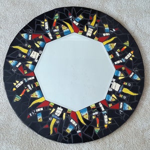 MOSAIC MIRROR Colorful Plates Round Black Contemporary Abstract FREE shipping