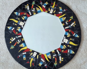 MOSAIC MIRROR Colorful Plates Round Black Contemporary Abstract