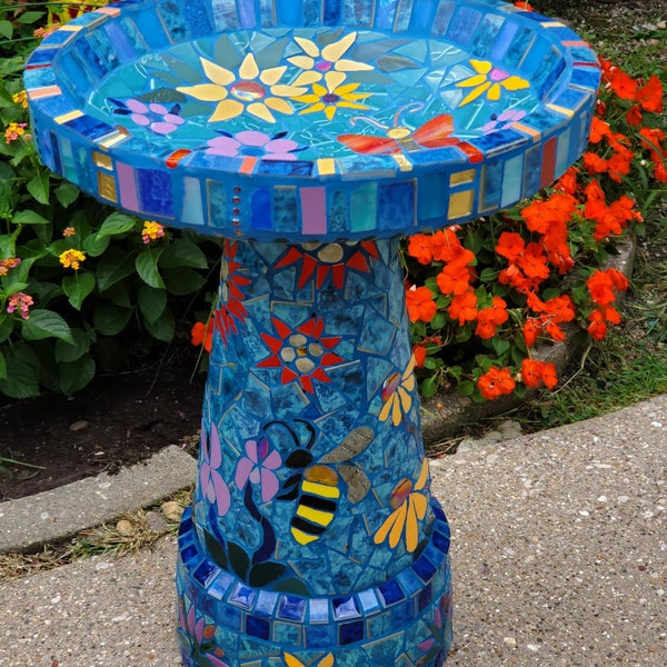 MOSAIC BIRD BATH colorful full size outdoor garden art