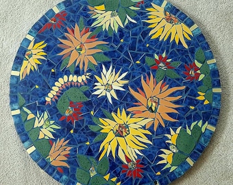 Mosaic Table Top OUTDOOR Floral Caterpillar Blue Orange Yellow