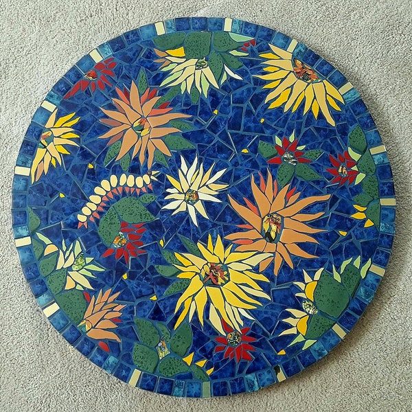 Mosaic Table Top OUTDOOR Floral Caterpillar Blue Orange Yellow