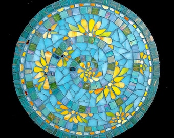 Mosaic Table Top  -COMMISSION ONLY -Indoor or Outdoor Blue Green Yellow God Glass Floral Geometric Pattern