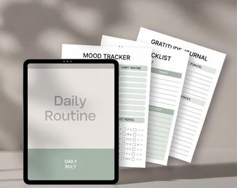 May include: A black tablet displaying "Daily Routine" text, with accompanying printed pages labeled "Mood Tracker," "Checklist," and "Gratitude Journal." The pages have a minimalist design with pale green accents.