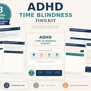 Peut inclure: Un kit d'outils ADHD Time Blindness comprenant 8 pages au total, avec 7 feuilles de travail et une couverture. Les documents incluent des textes tels que 'Understanding Time Blindness', 'Daily Time Map', 'Estimate vs Actual Tracker'.