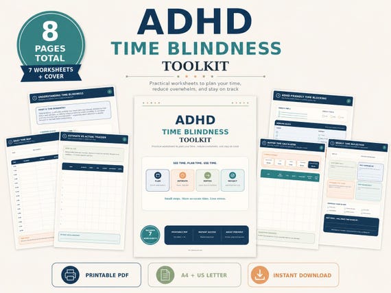ADHD Time Blindness Toolkit, Time Management Worksheets for Adults, Executive Function Planner, Printable PDF