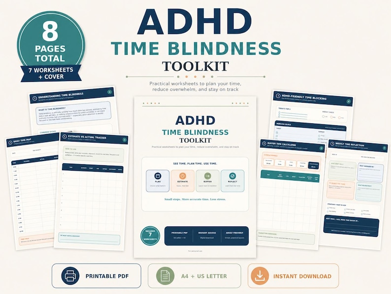 May include: An ADHD Time Blindness Toolkit featuring 8 pages total, including 7 worksheets and a cover. The documents contain text such as 'Understanding Time Blindness', 'Daily Time Map', 'Estimate vs Actual Tracker', and 'ADHD-Friendly Time Blocking'.