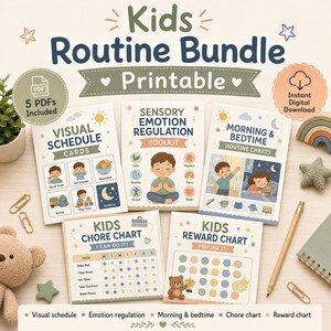 Peut inclure: Un ensemble de tableaux de routine et d'aides visuelles imprimables pour enfants. L'ensemble comprend des cartes de planning visuel, une trousse de régulation des émotions sensorielles, des tableaux de routine du matin et du coucher, un tableau des tâches et un tableau de récompenses.