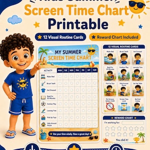Peut inclure: Un tableau de temps d'écran estival imprimable pour enfants avec un personnage de dessin animé en t-shirt bleu pointant un calendrier hebdomadaire sur le thème de la plage, 12 cartes de routine visuelles et un tableau de récompenses étoilé.