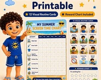 May include: A printable Kids Summer Screen Time Chart featuring a cartoon character in a blue sun shirt pointing at a beach-themed weekly activity tracker, 12 visual routine cards, and a reward chart with star icons for tracking daily habits.