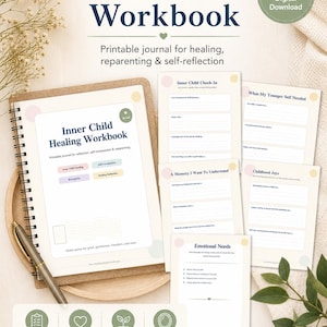Puede incluir: Un cuaderno espiralado titulado "Inner Child Workbook" con el subtítulo "Diario imprimible para la curación, la crianza y la autorreflexión". La portada y varias páginas interiores son visibles, con indicaciones.