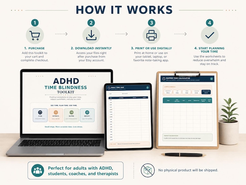 May include: A digital ADHD time blindness toolkit displayed on a laptop, tablet, and clipboard. The screen shows worksheets for planning, estimating, and reflecting on time. The graphic includes a four-step process for purchase and download.