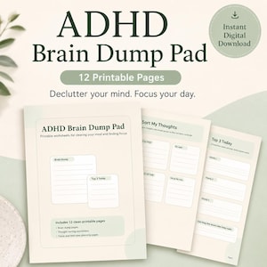Peut inclure: Bloc-notes ADHD Brain Dump avec 12 pages imprimables. La couverture présente le texte "ADHD Brain Dump Pad" et "Declutter your mind. Focus your day." Comprend des feuilles de calcul pour vider l'esprit et se concentrer. Téléchargement numérique.